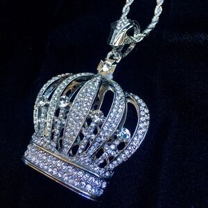 NEW BIG CROWN 18K WHITE GOLD DIAMONDS CZ CHAIN NECKLACE MADE IN ITALY